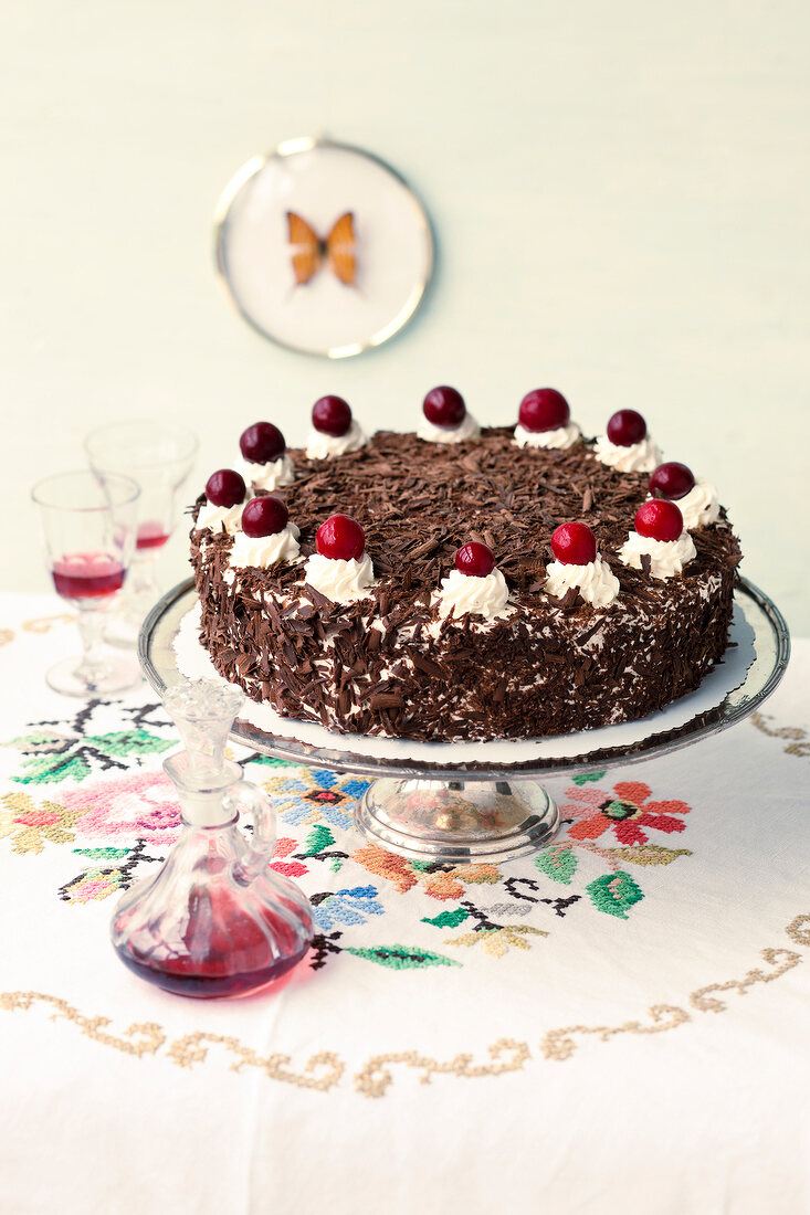 Black forest cake on cake stand