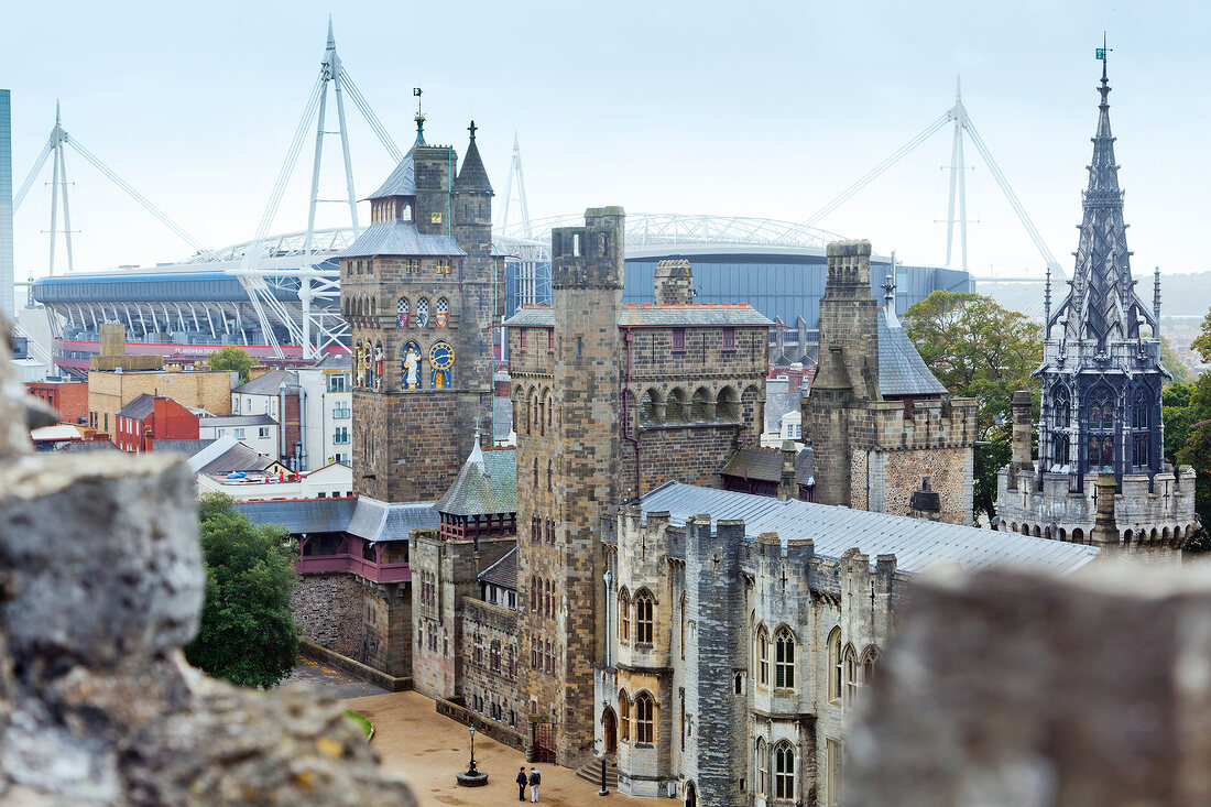 Elevated view of Millennium stadium and Cardiff castle at Cardiff, Wales, UK