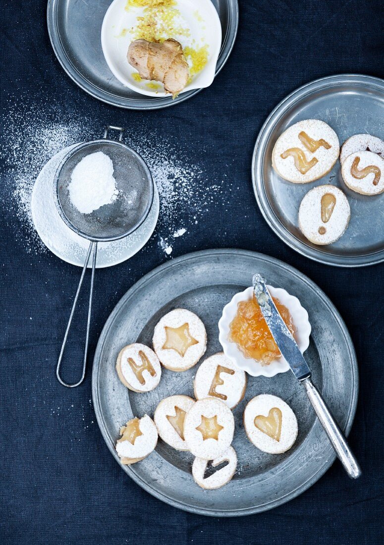 Spicy ginger jam biscuits on vintage plates