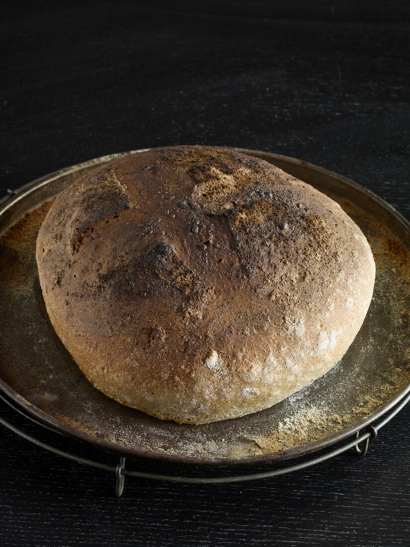 Loaf of round bread on oven rack