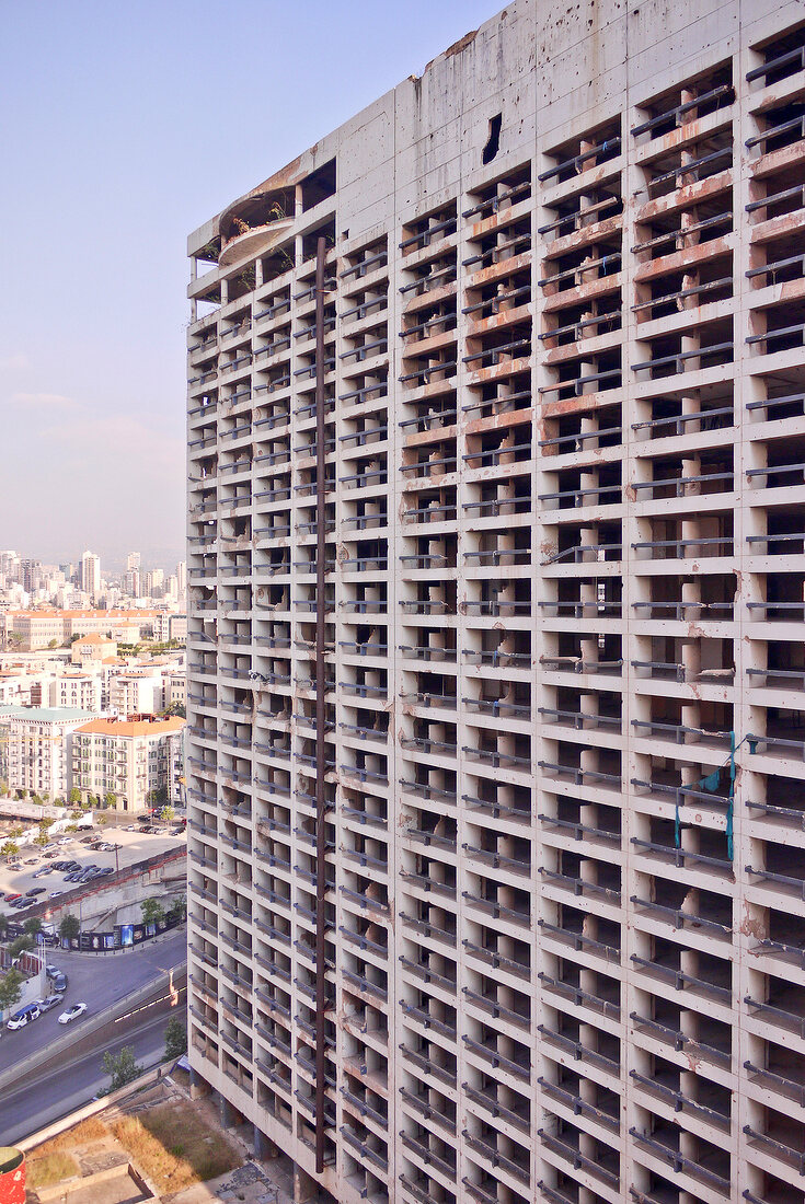 Exterior view of ruined hotel with windows, Beirut, Lebanon