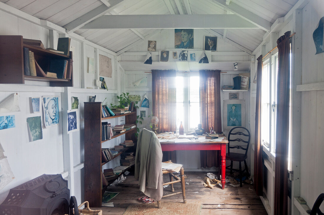 Messy workplace in boat house, Laugharne, Carmarthenshire, Wales, UK