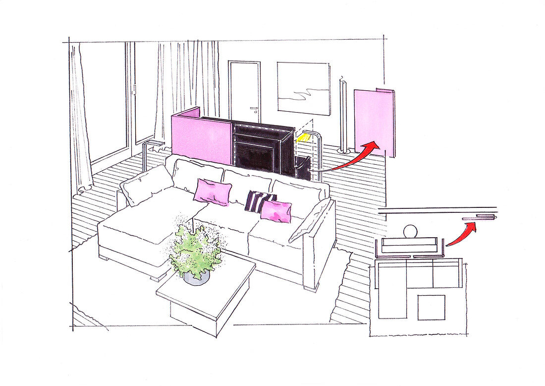 Illustration of living room with piano, sofa and room dividers