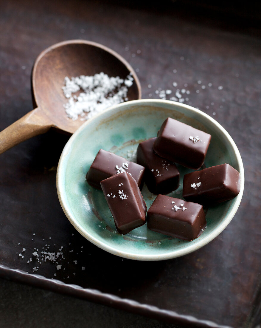 Caramel chocolates in bowl with Fleur de Sel
