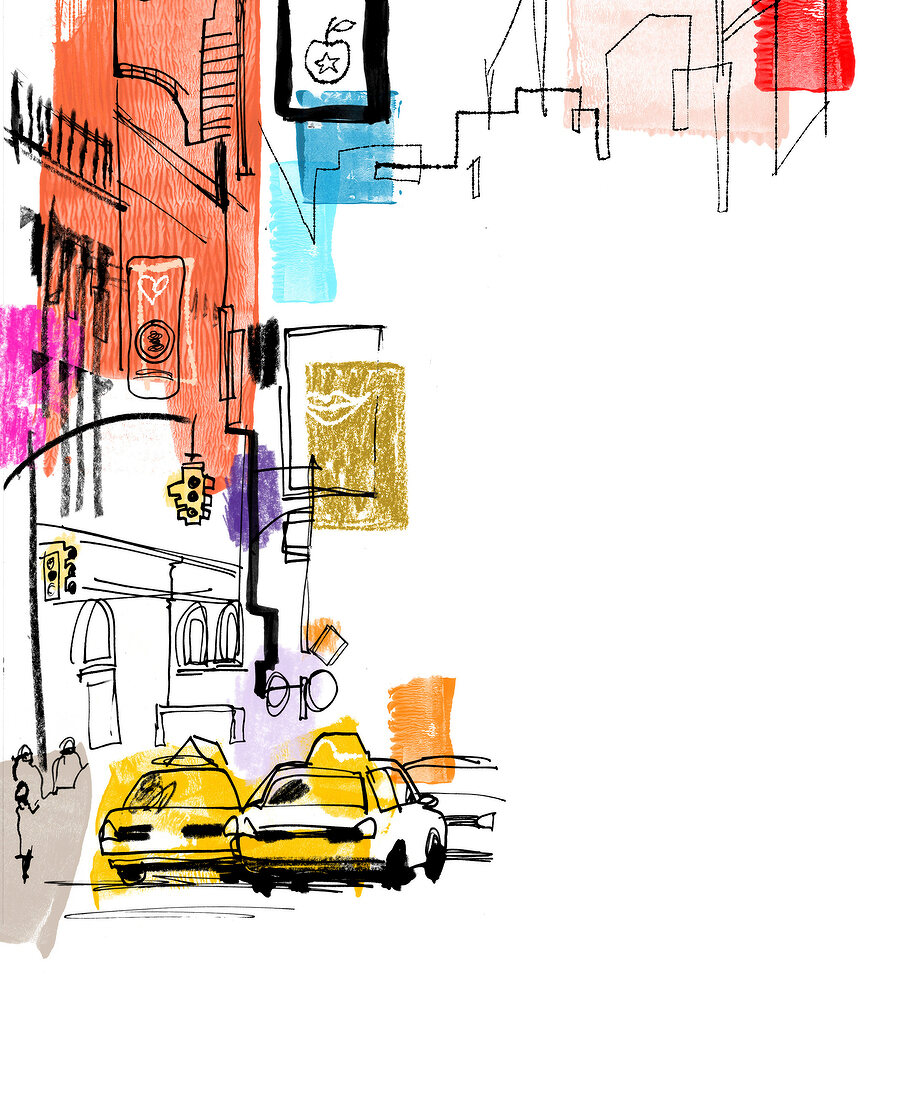 Illustration, New York, Manhattan, Big Apple, Straßenszene, Taxis