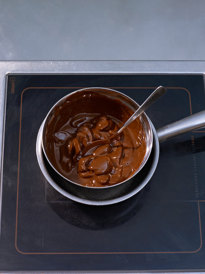 Bowl of chocolate melted on saucepan with boiling water