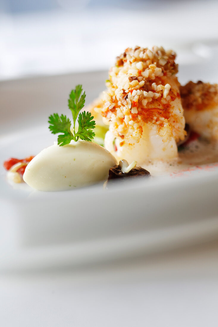 Close-up of grilled scampi with macadamia nuts, kafir leaves and coconut