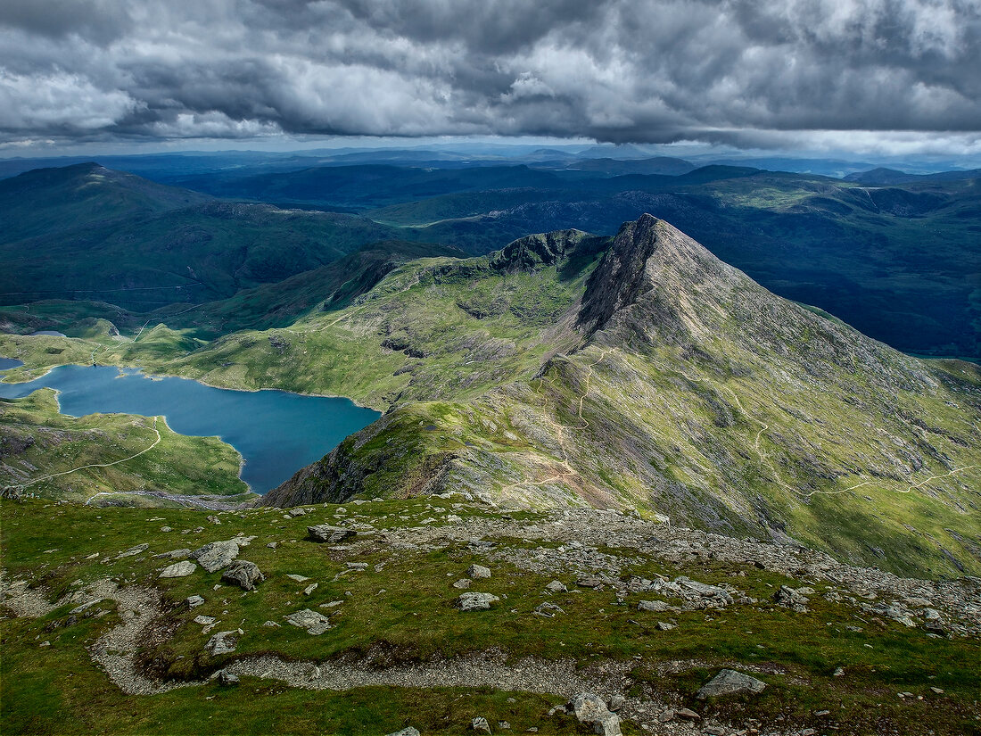 View from Snowdon mountain ranges with Llyn Llydaw lake in Snowdonian National park, Wales