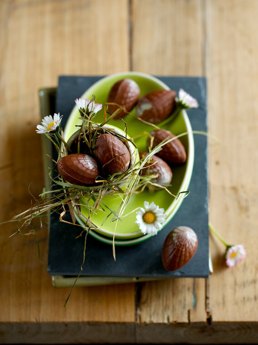 Bowl of stuffed eggs with rum ganache on plate