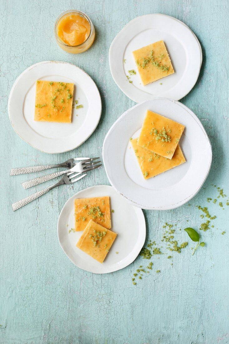 Lemon cake with yoghurt and basil sugar (seen from above)