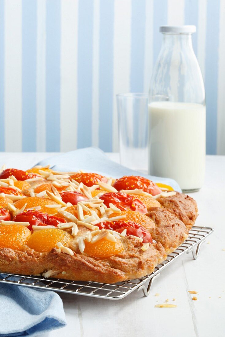Apricot tray bake cake with tomatoes
