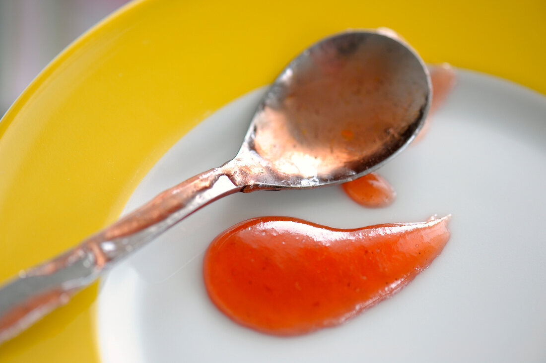 Close-up of jam with spoon on plate