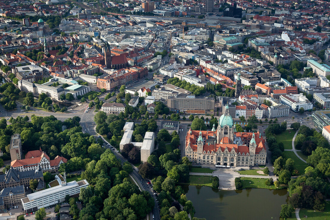 Hannover, Maschpark, Maschteich, Neues Rathaus, Luftbild