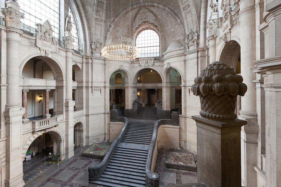 View of stairway at entrance of New Town Hall in Hannover, Germany