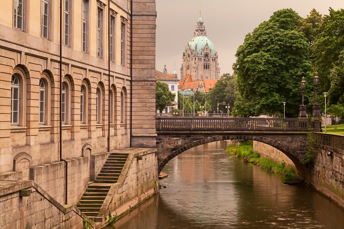 View of castle and bridge at New Town Hall at evening, Linden, Hannover, Germany