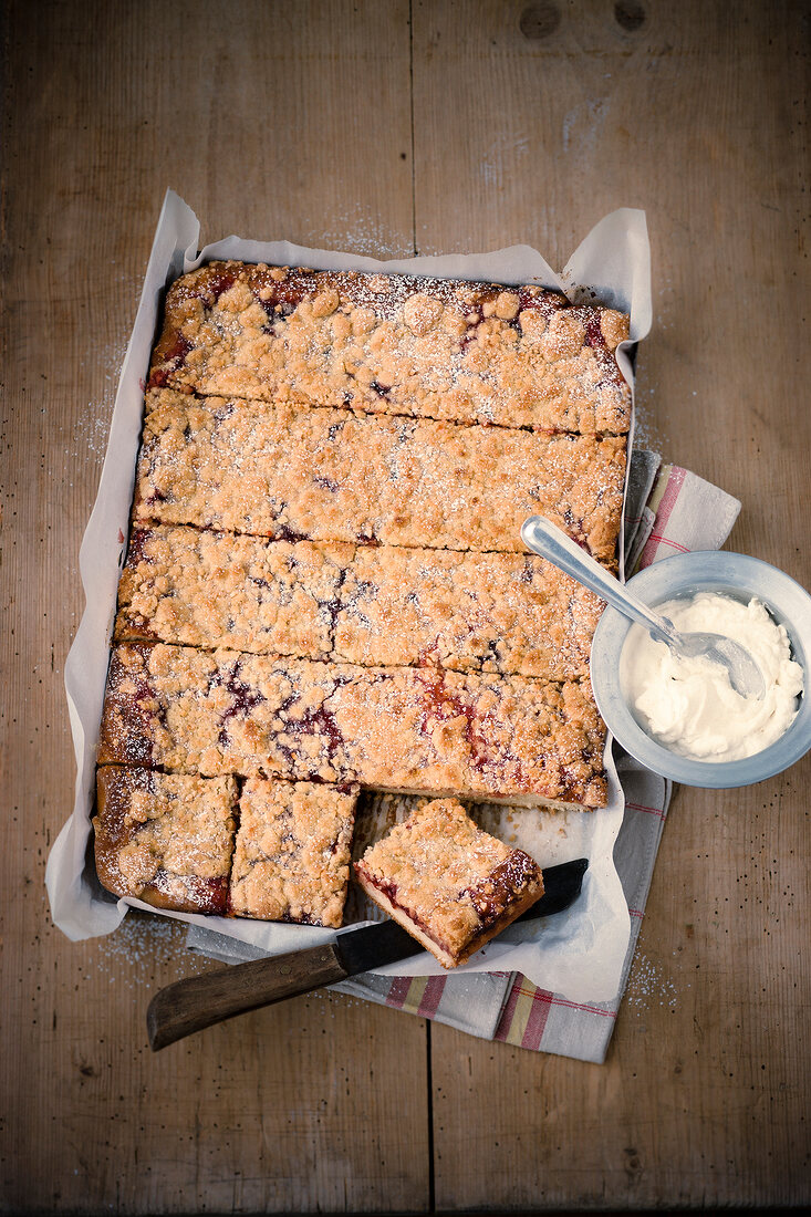 Crumble cake slices in baking tray