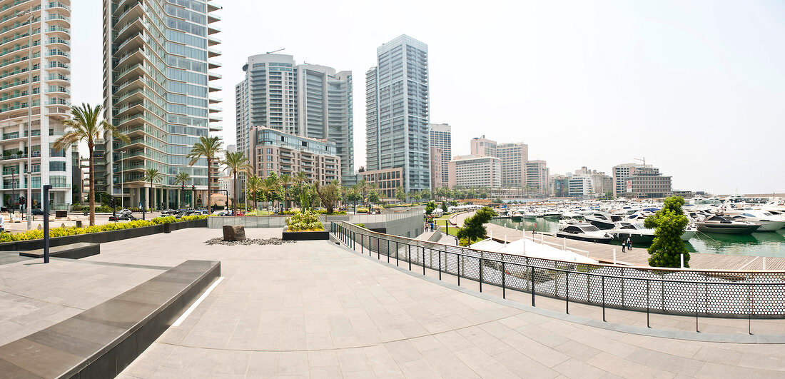 Skyline and waterfront Corniche El-Manara and boats, Beirut, Lebanon