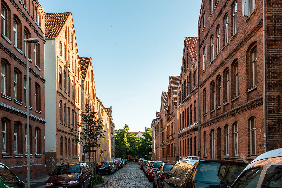 Cars parked in alley of Hanover, Germany