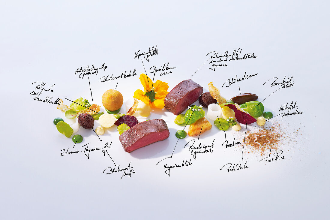 Varieties of foods with venison against white background in La Vie Restaurant