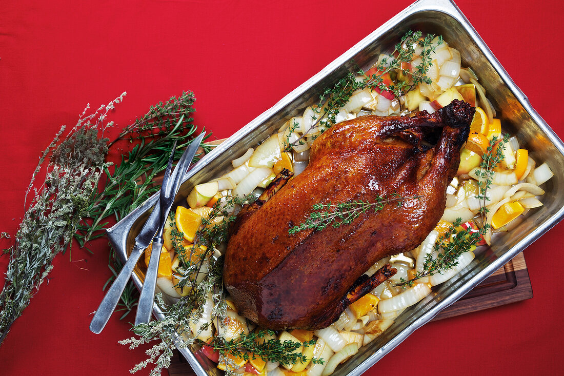 Classic roasted goose with vegetables in baking dish, overhead view