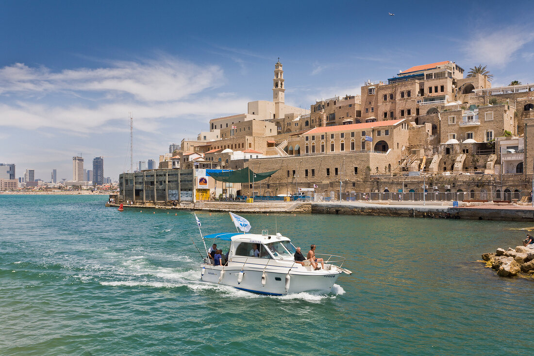 Boat in sea at old town, Tel Aviv, Israel