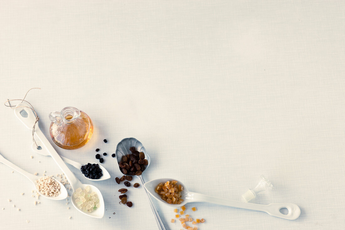 Various ingredients for stollen on white background