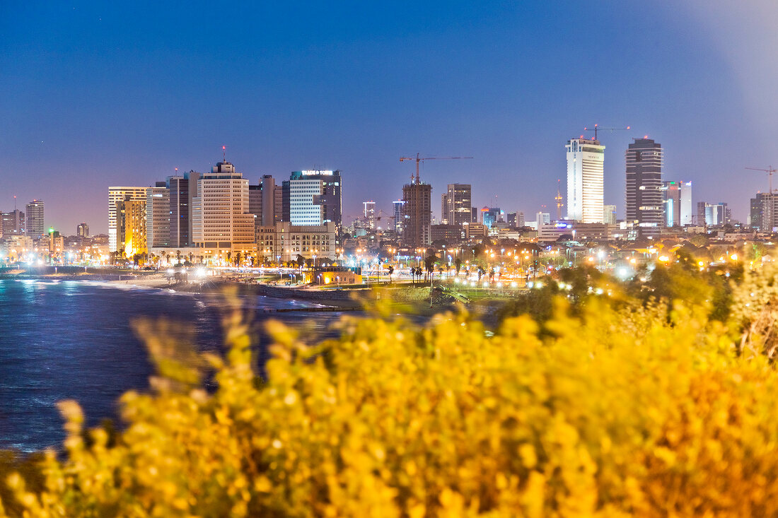 View of Neve Tzedek district skyline and Mediterranean at evening, Tel Aviv, Israel