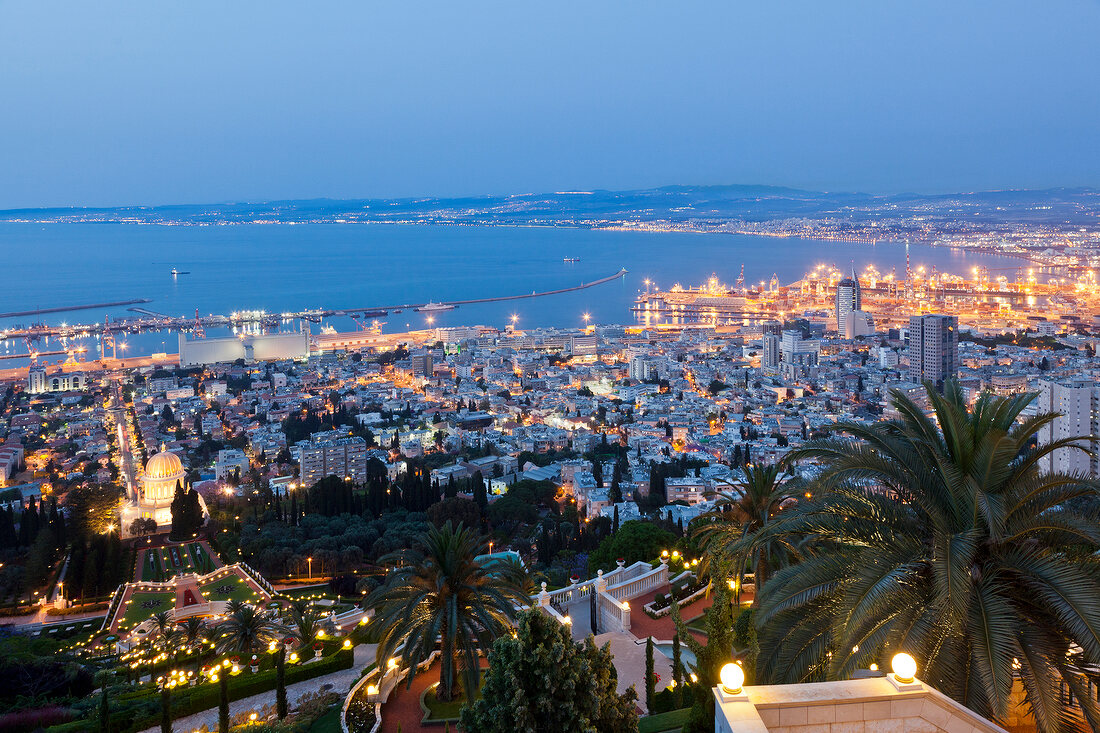 Shrine of the Bab and view of Bahai Garden from Mount Carmel, Haifa, Israel