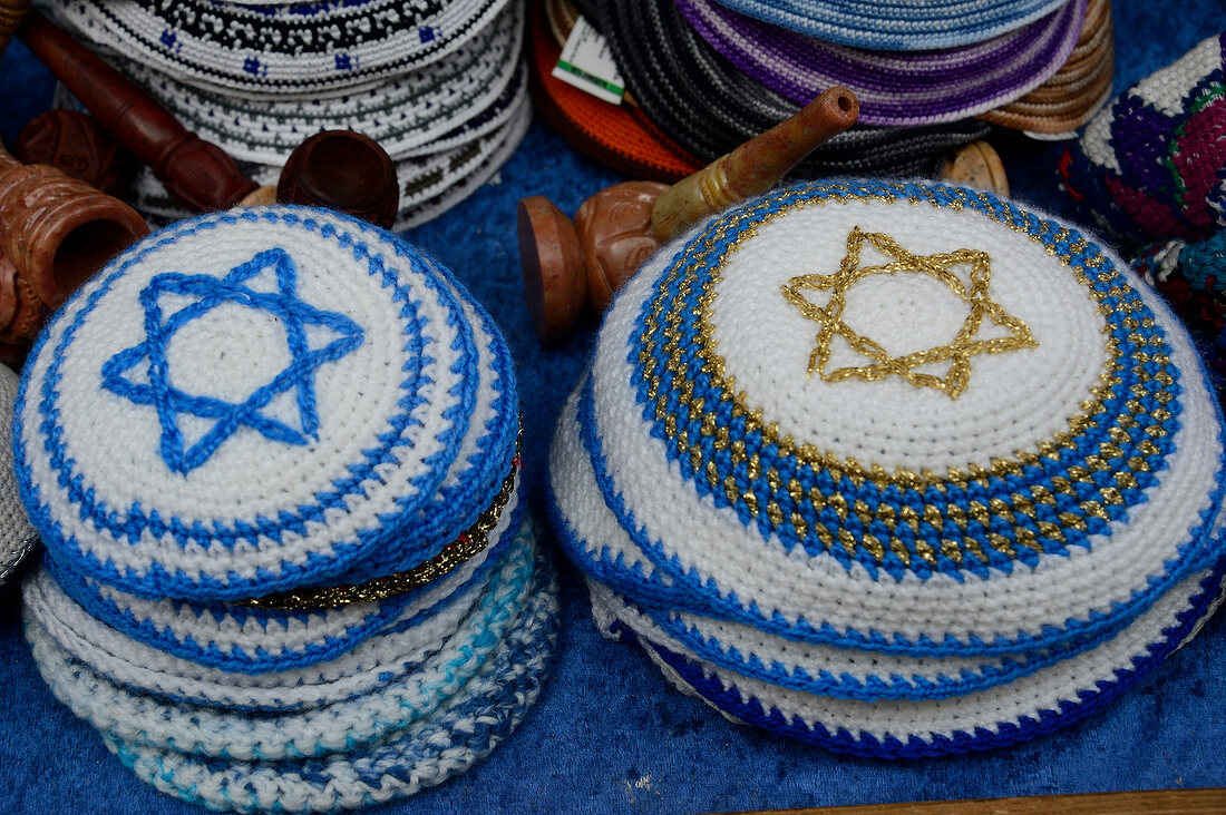 Close-up of Kippot caps in Alley, Safed, Israel