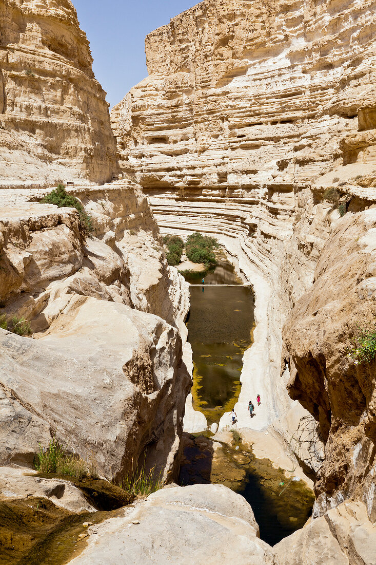 View of people at Ein Avdat and still water in En Avdat National Park, Negev, Israel