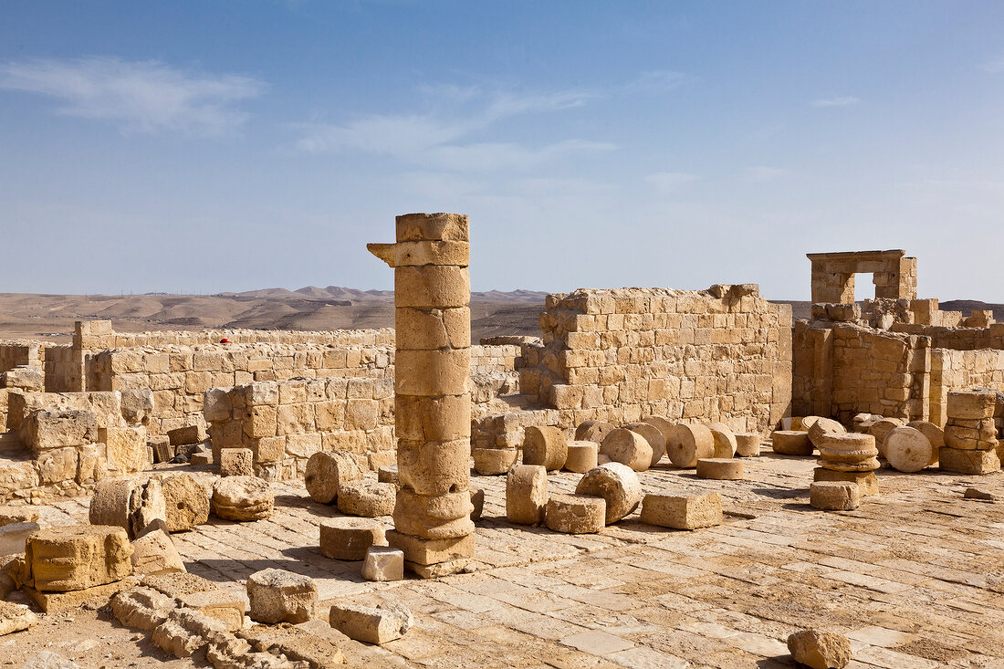 View of ruin church with Israel flag, Avdat National Park, Negev, Israel