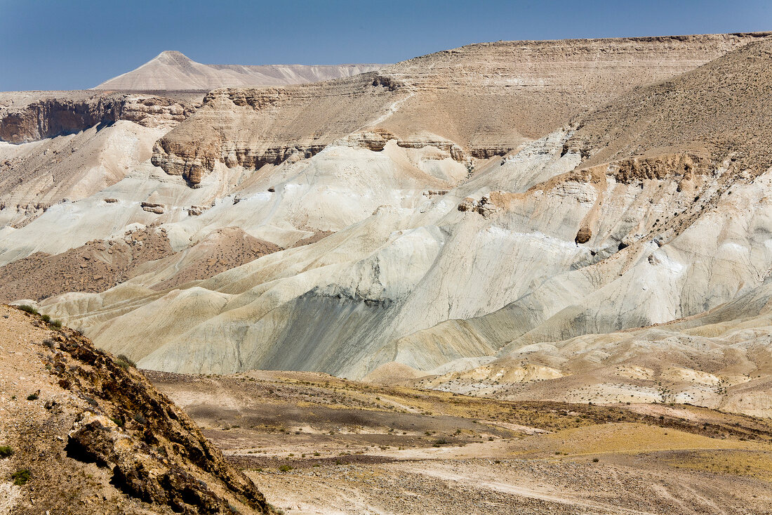 View of stone desert with sky, Wadi Hawarim, Negev Desert, Israel