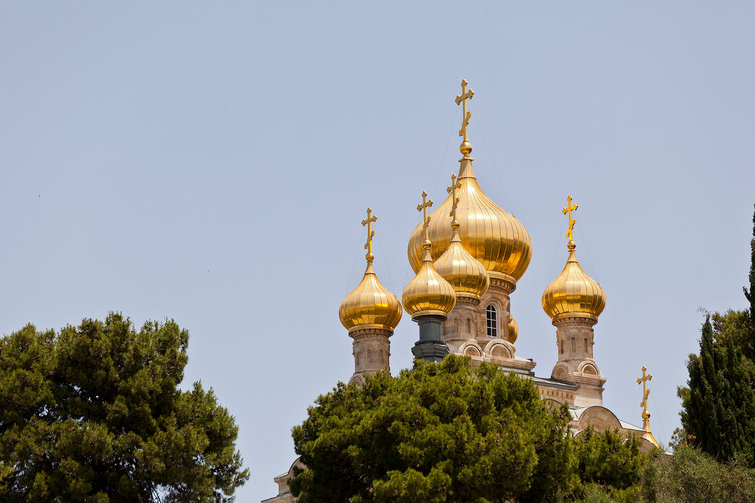 View of domes of St. Mary Magdalene Church at Mount of Olives, Jerusalem, Israel