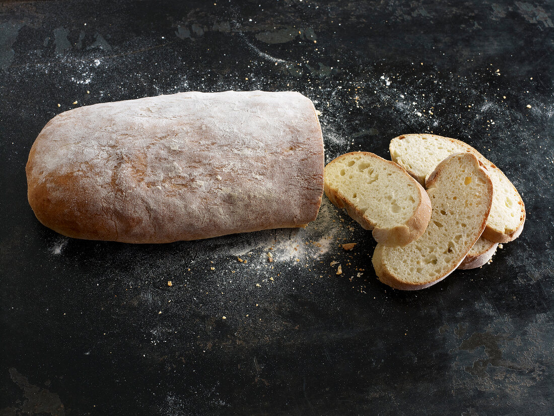 Sliced loaf of ciabatta bread