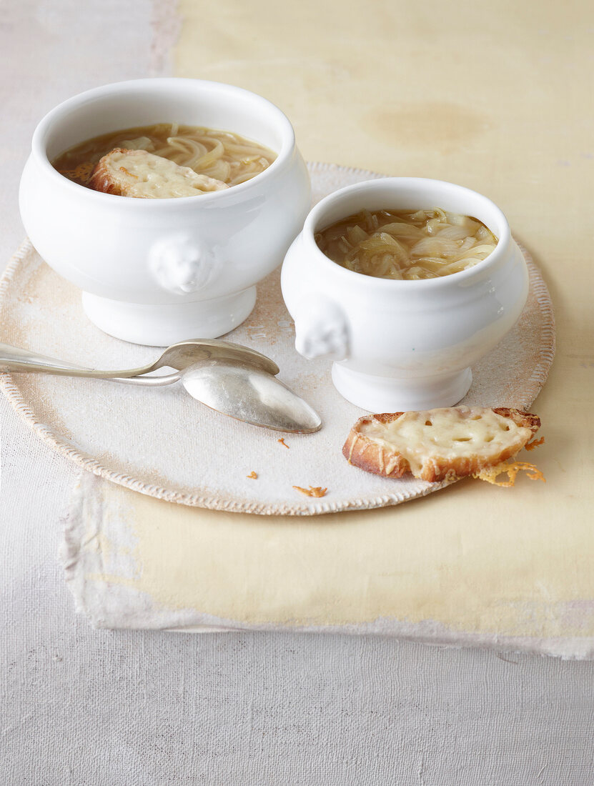 French onion soup in serving bowl 