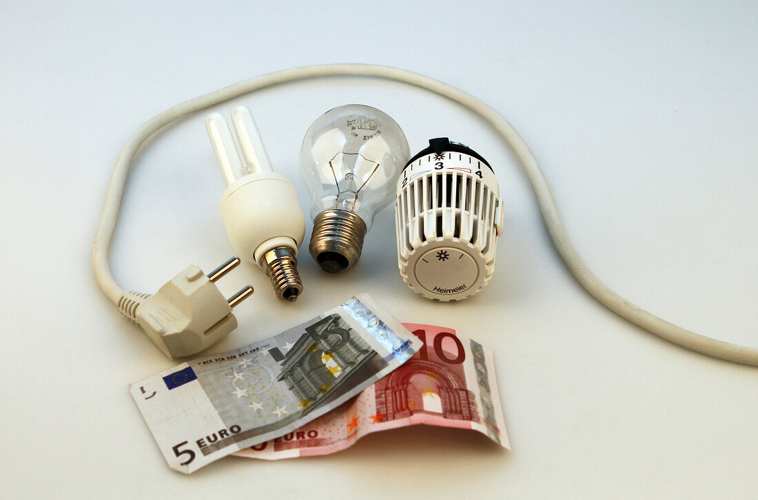 Glühbirne, Energiesparlampe, Stromkabel, Geld
