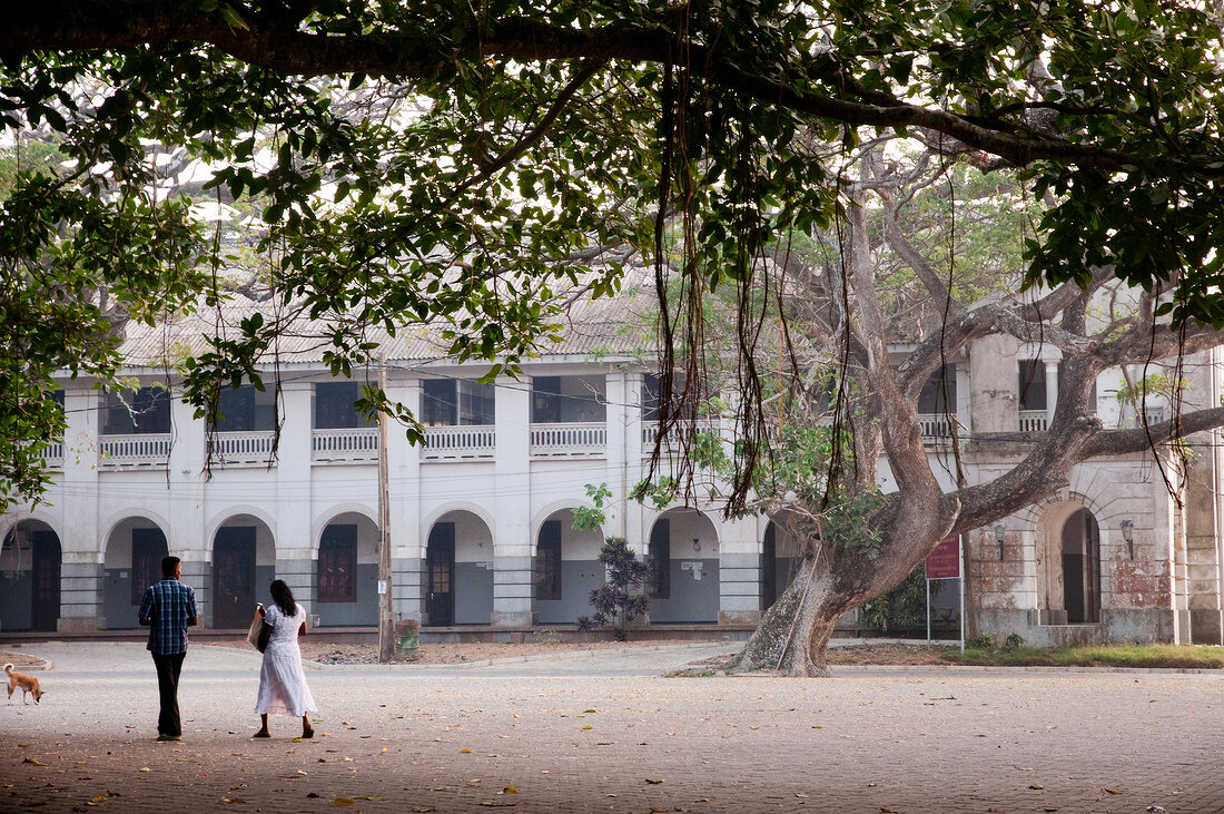 People walking in front of court of justice with mara trees, Galle Fort, Sri Lanka