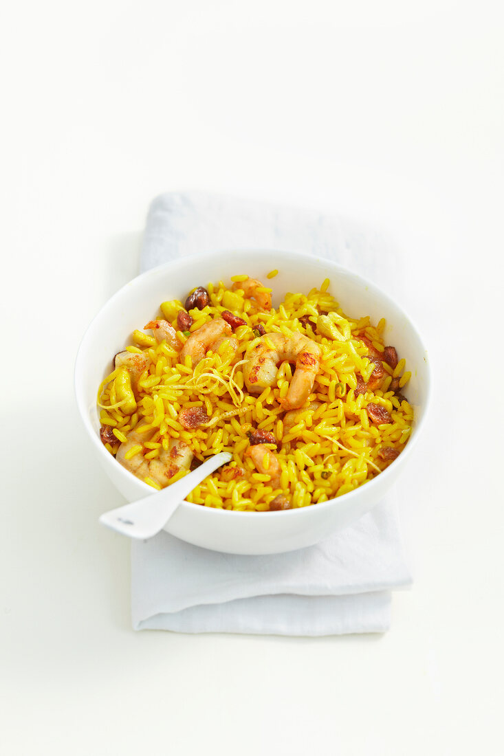 Lemon rice with shrimp in bowl