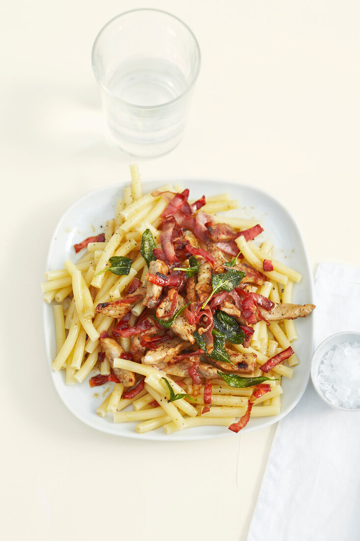 Pasta with saltimbocca on plate