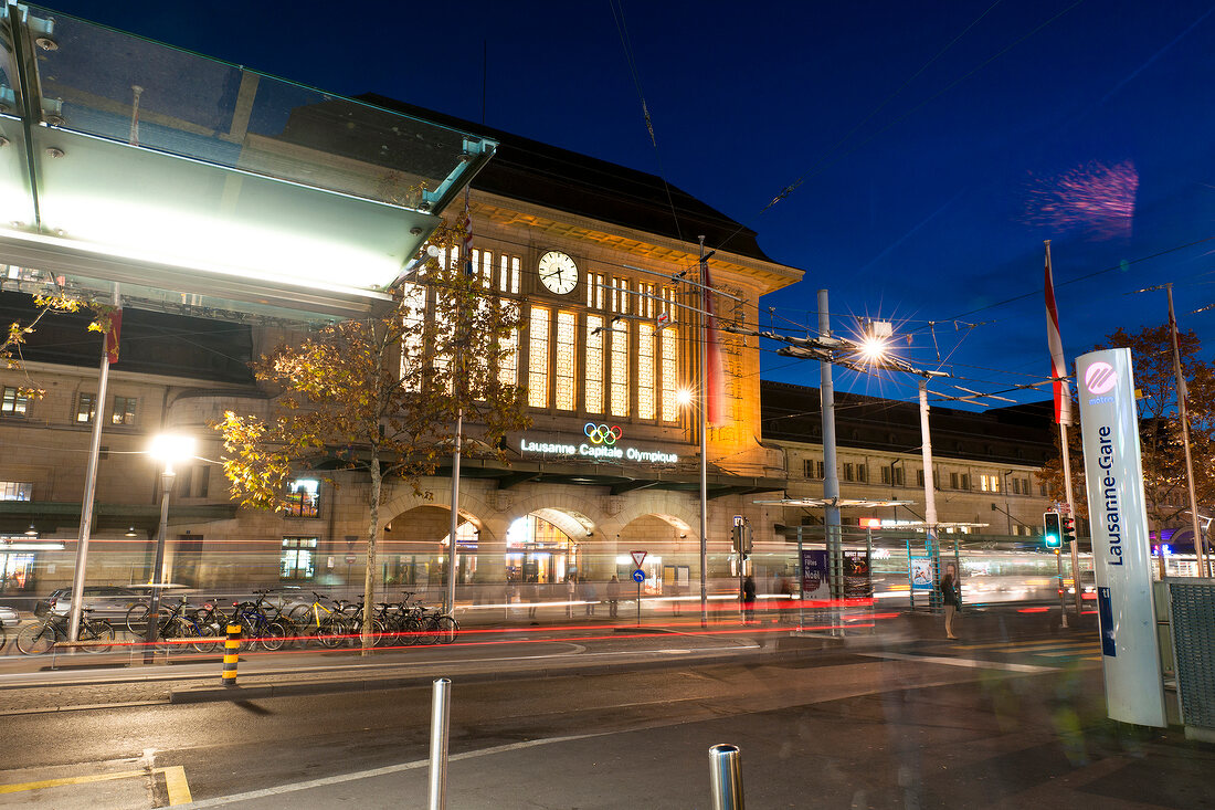 Facade of railway station in Lausanne, Canton of Vaud, Switzerland