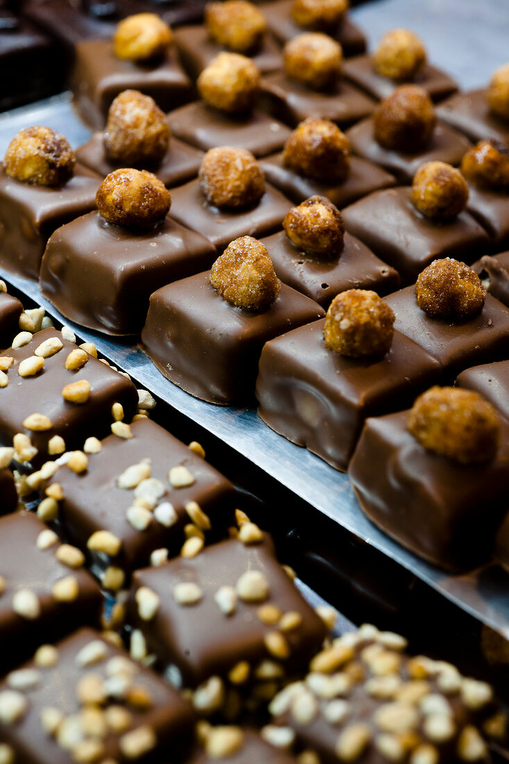 Chocolates on shelves at Chocolaterie Blondel, Lausanne, Canton of Vaud, Switzerland