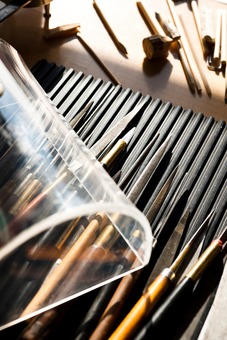 Close-up of equipments on table, Le Soliat, Vallee de Joux, Switzerland