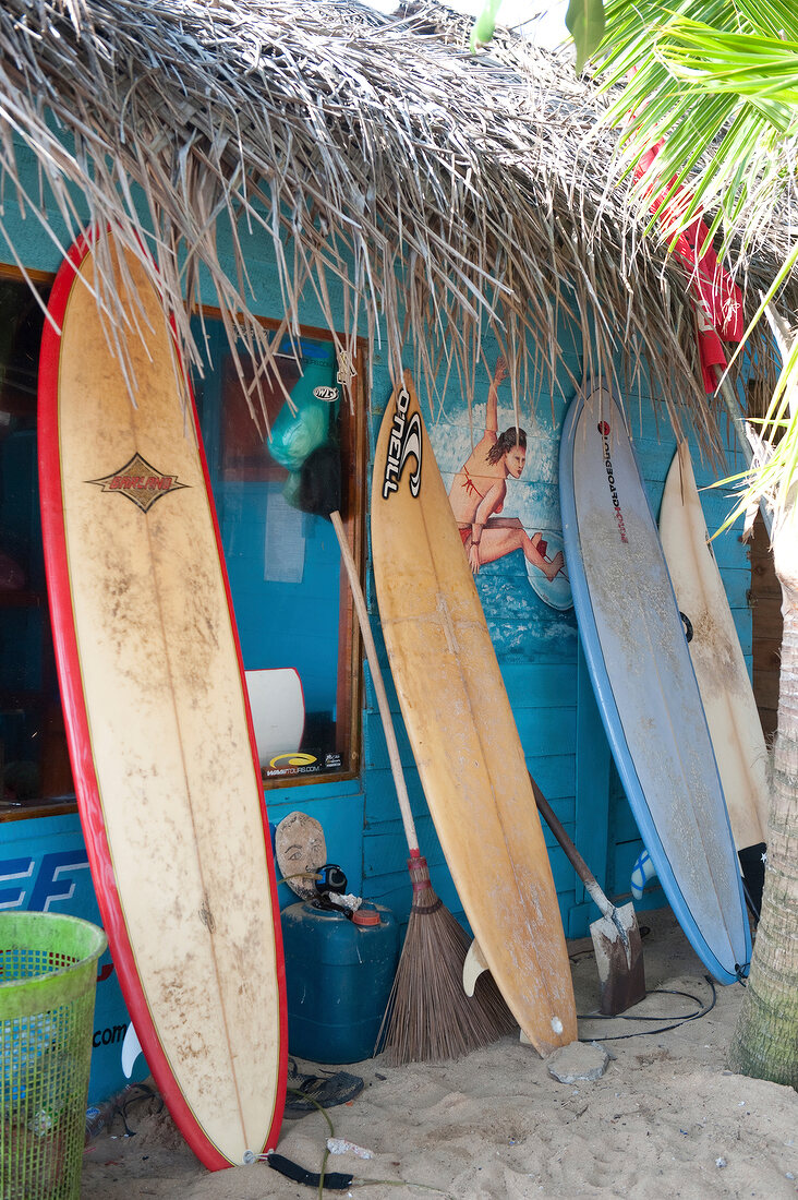 Surfboards on blue house at Hikkaduwa beach, Sri Lanka