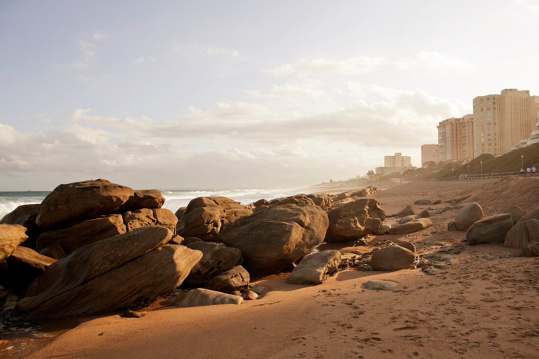 View of Umhlanga beach with rocks and skyline, South Africa