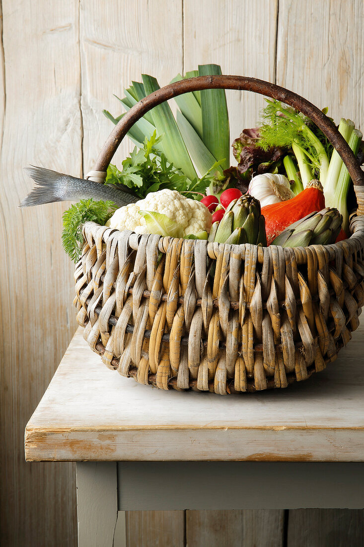 Fresh vegetables and fish in henkel basket