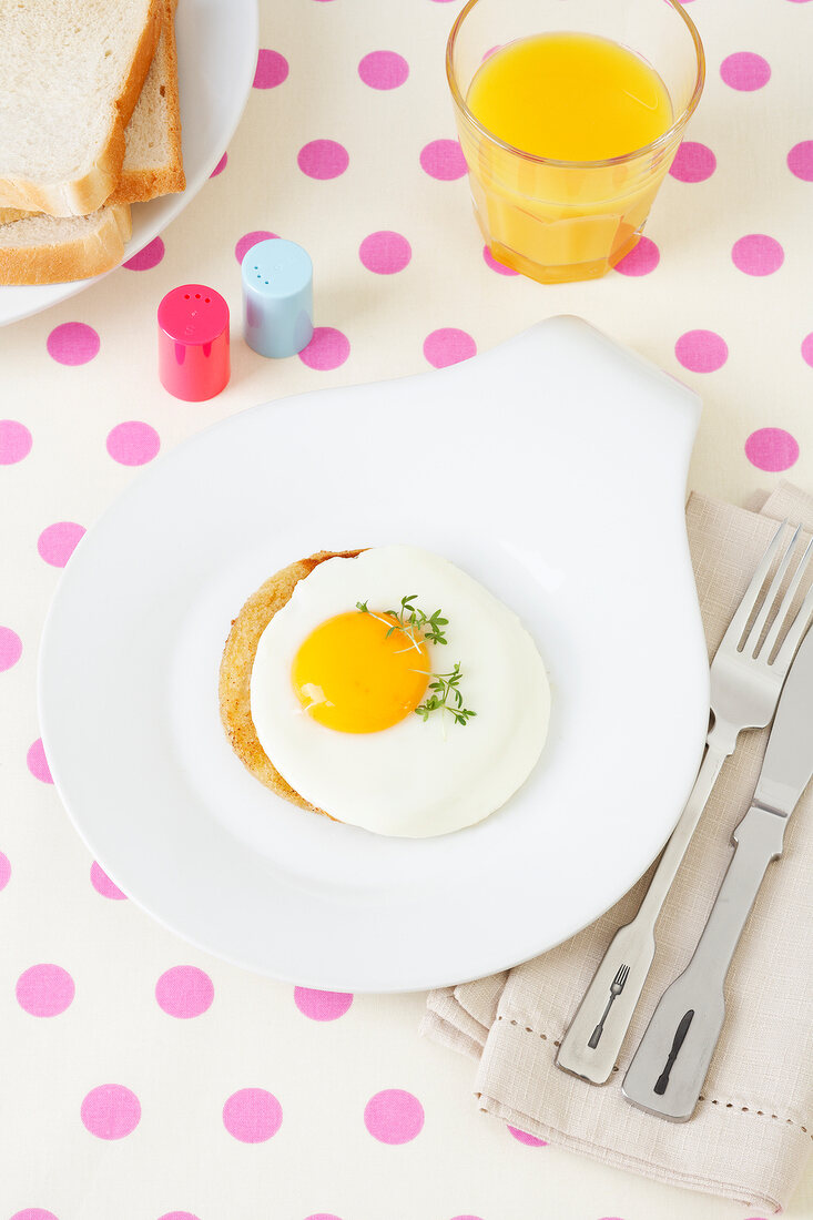 Fried egg with cress on plate