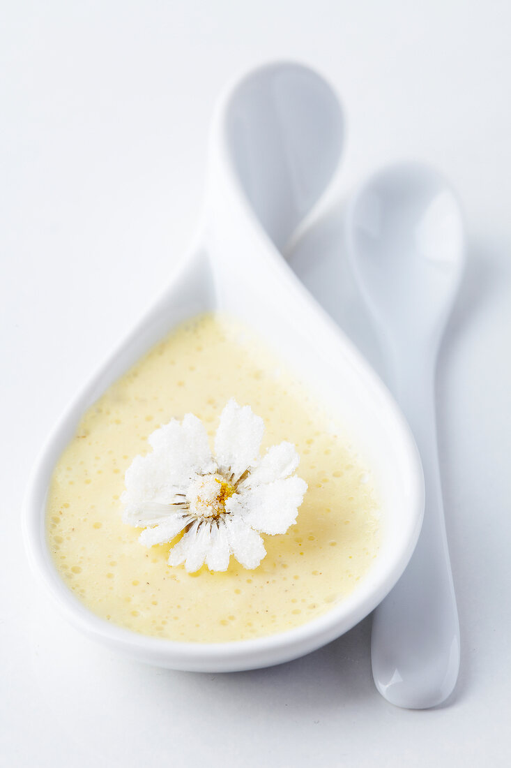 Close-up of white chocolate mousse with daisy in serving bowl