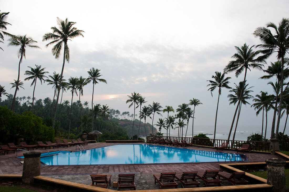 View of pool and palm trees at Barberyn Reef Ayurveda Resort, Weligama, Sri Lanka