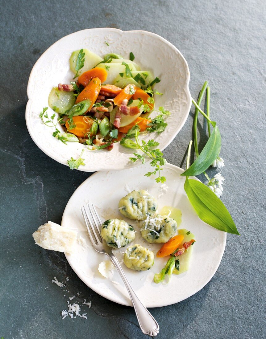 Wild garlic gnocchi with a kohlrabi and carrot medley