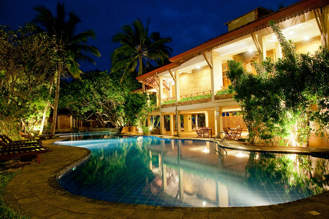 Barberyn Reef Ayurveda Resort and pool at night in Beruwala, Sri Lanka
